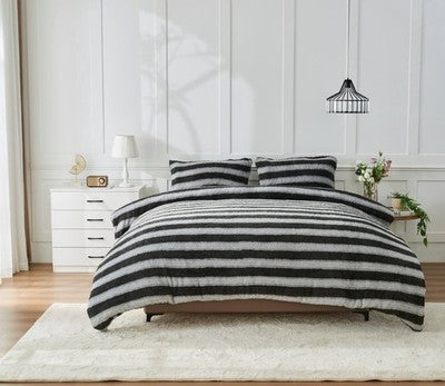 Teddy Fleece Paige Stripe Charcoal Duvet Quilt Cover Bedding Set