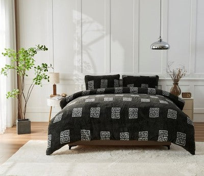 Teddy Fleece Greek Charcoal Duvet Quilt Cover Bedding Set