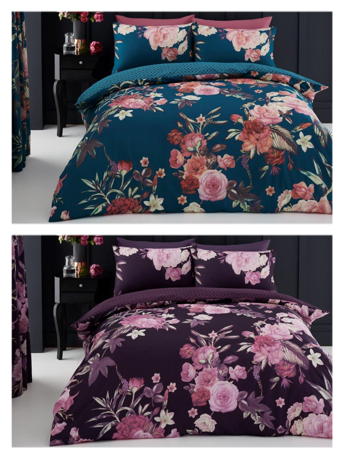 Flora Floral Duvet Quilt Cover & Pillow Case Bedding Set Purple Teal