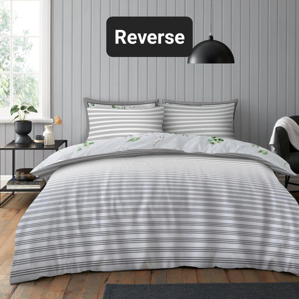 Evelina Floral Reversible Duvet Quilt Cover & Pillow Case Bedding Bed Set Grey