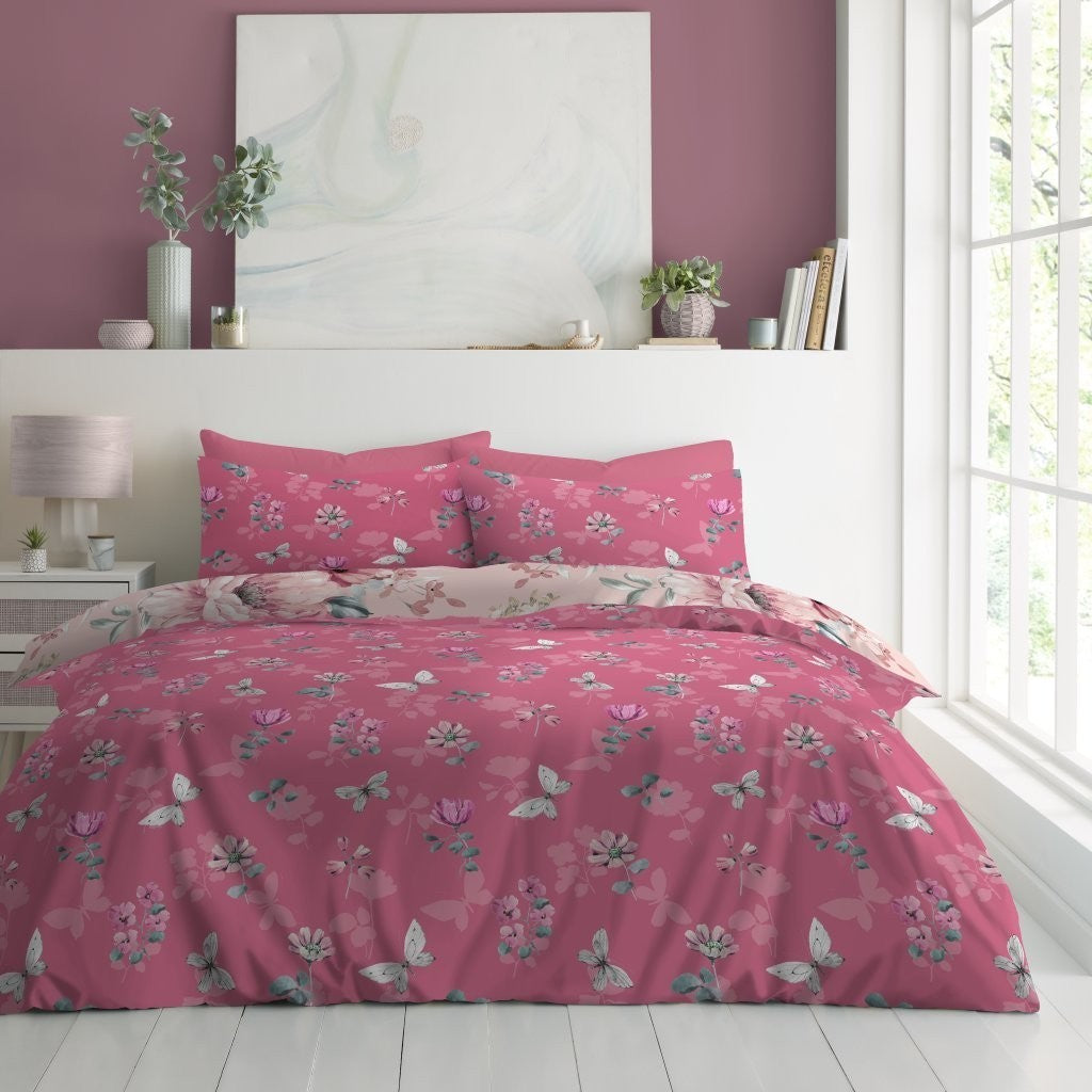 Goldie Floral Reversible Duvet Quilt Cover Pillow Case Bedding Bed Set Pink