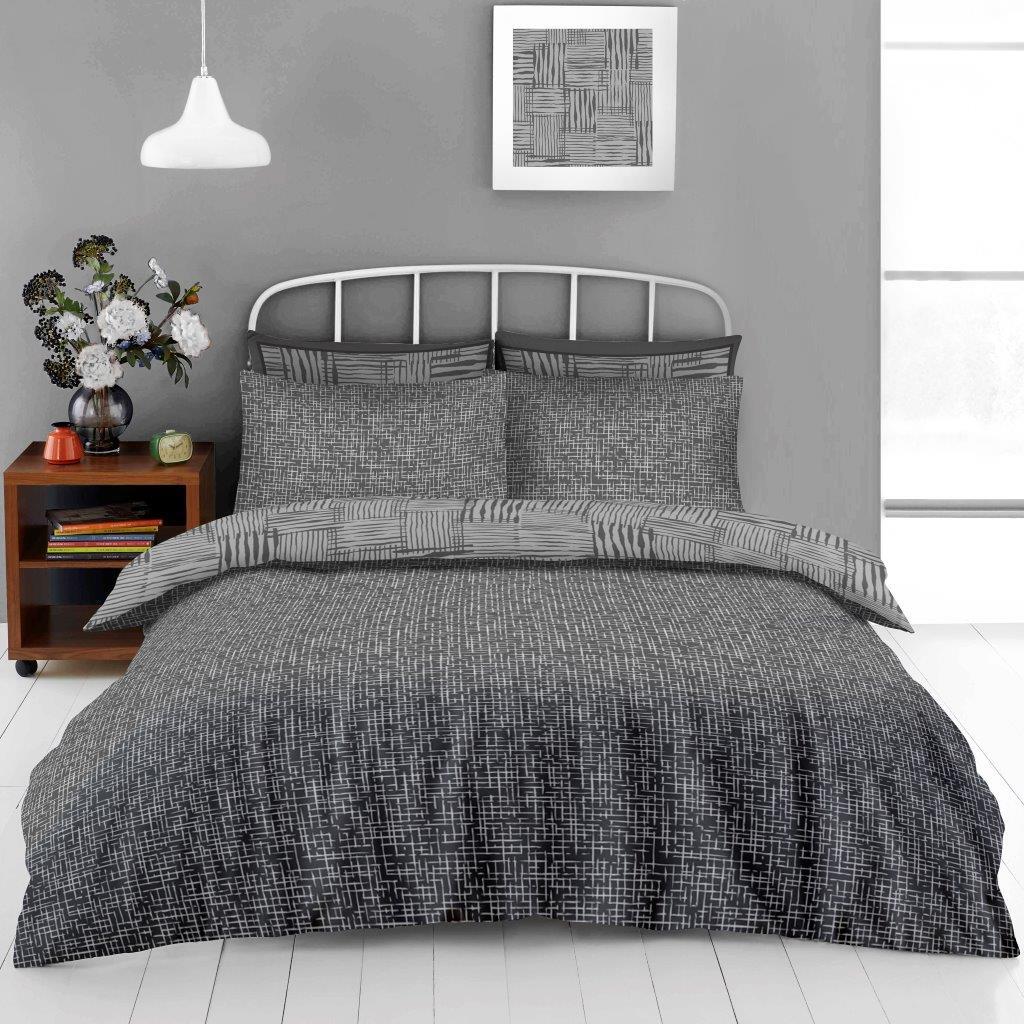 Ryder Grid Reversible Duvet Quilt Cover & Pillow Case Bedding Bed Set Grey Black