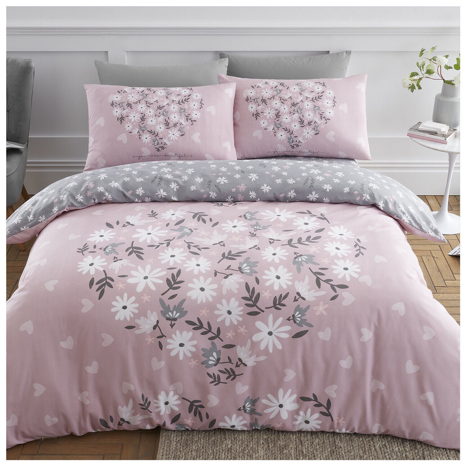 Ditsy Heart Duvet Quilt Cover & Pillow Case Bedding Set Blush Pink