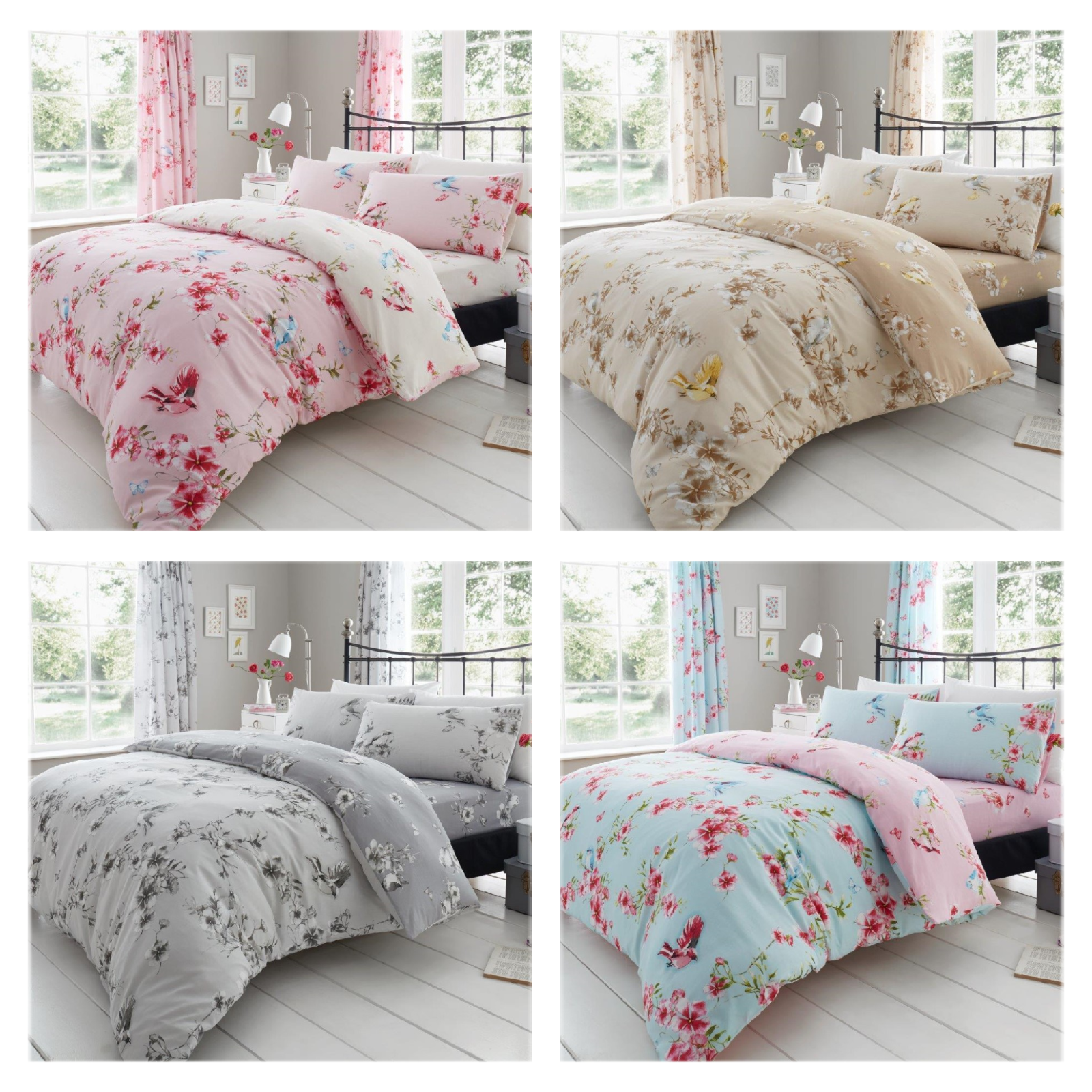 Birdie Blossom Bird Floral Floral Duvet Quilt Cover & Pillow Case Bedding Set