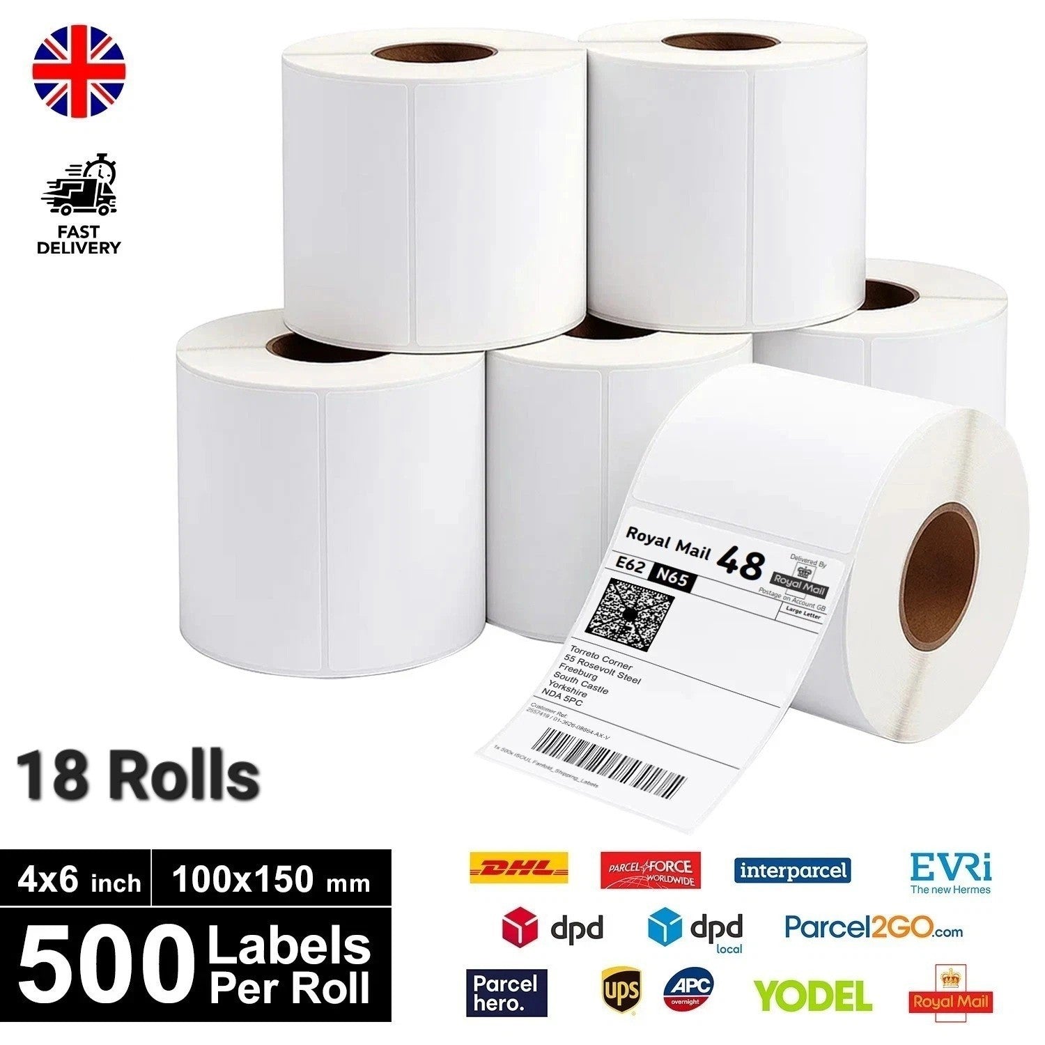 Thermal Labels (4”x6”) for Royal Mail Shipping 18 Rolls Zebra Toshiba 100x150mm