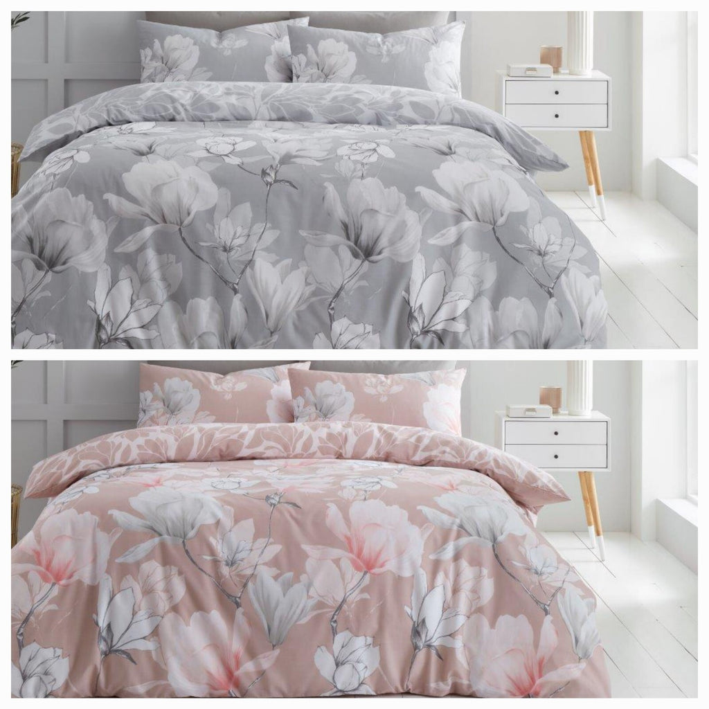 Magnolia Dreams Floral Flower Duvet Quilt Cover & Pillow Case Bedding Set Grey