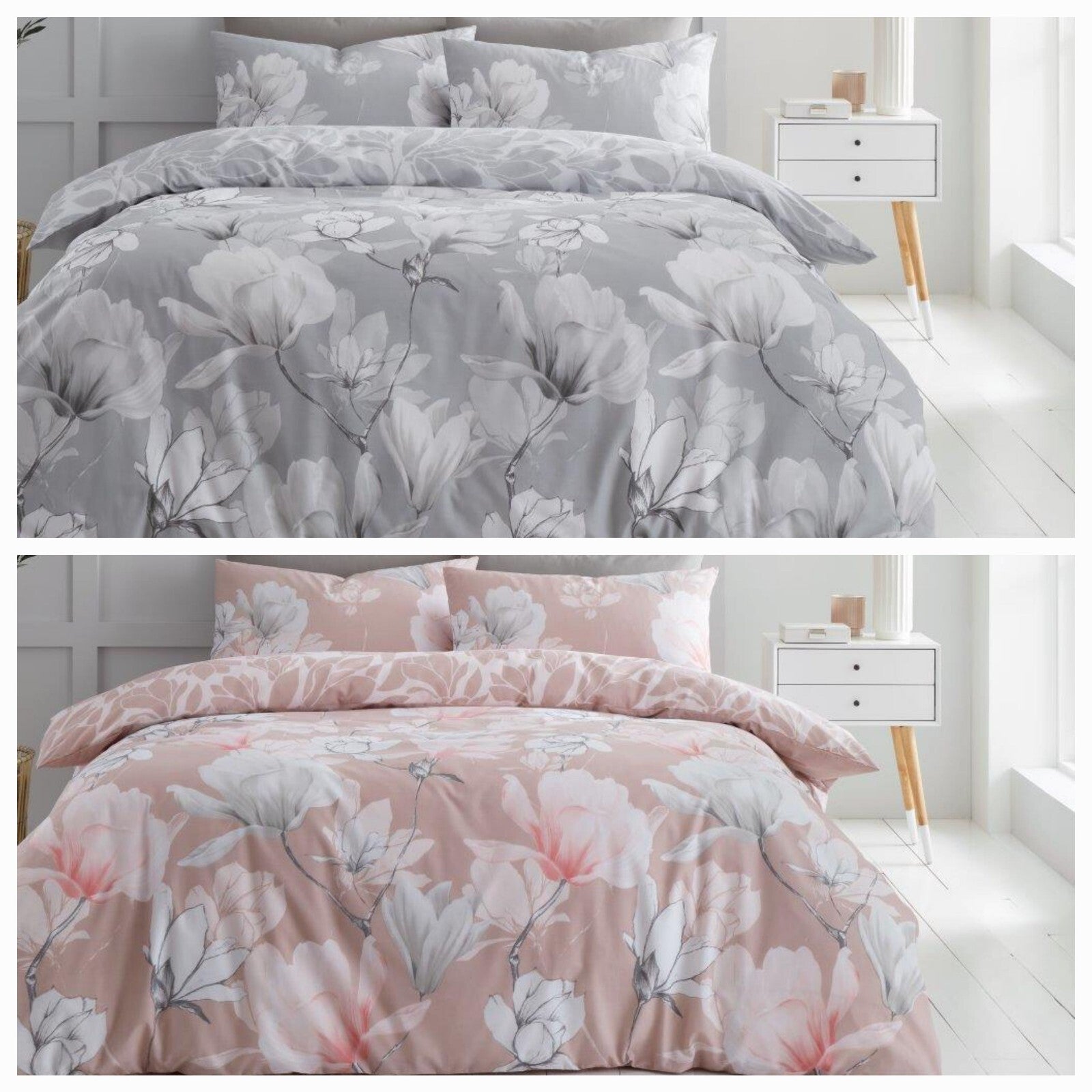 Magnolia Dreams Floral Flower Duvet Quilt Cover & Pillow Case Bedding Set Grey
