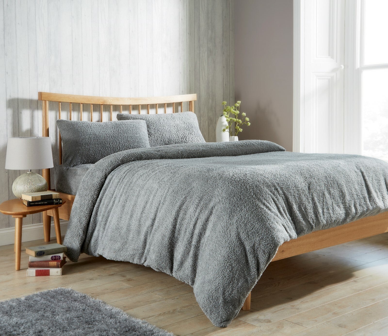 Teddy Bear Fleece Duvet Quilt Cover Bedding Set Plain Blue Beige Black Grey Pink