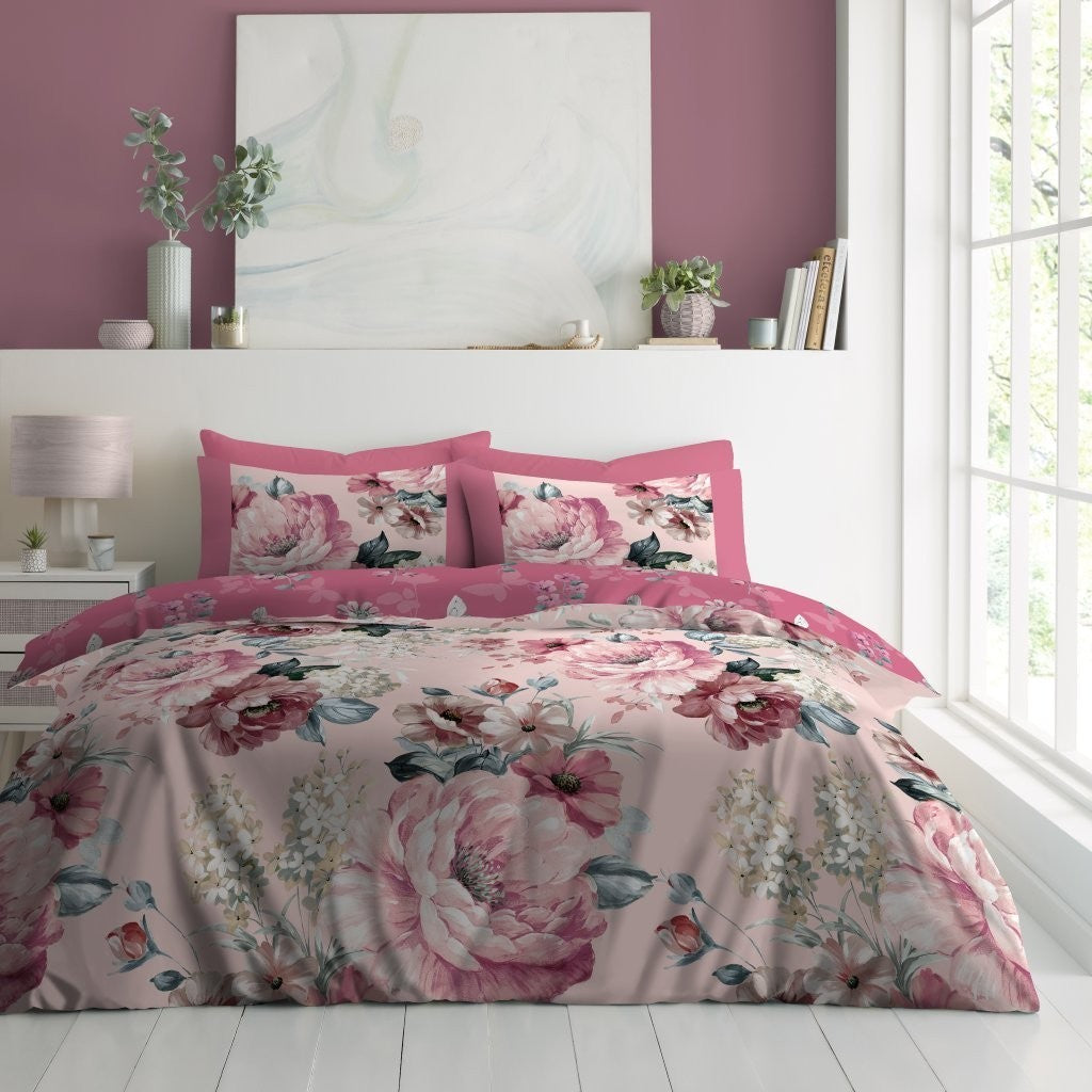 Goldie Floral Reversible Duvet Quilt Cover Pillow Case Bedding Bed Set Pink