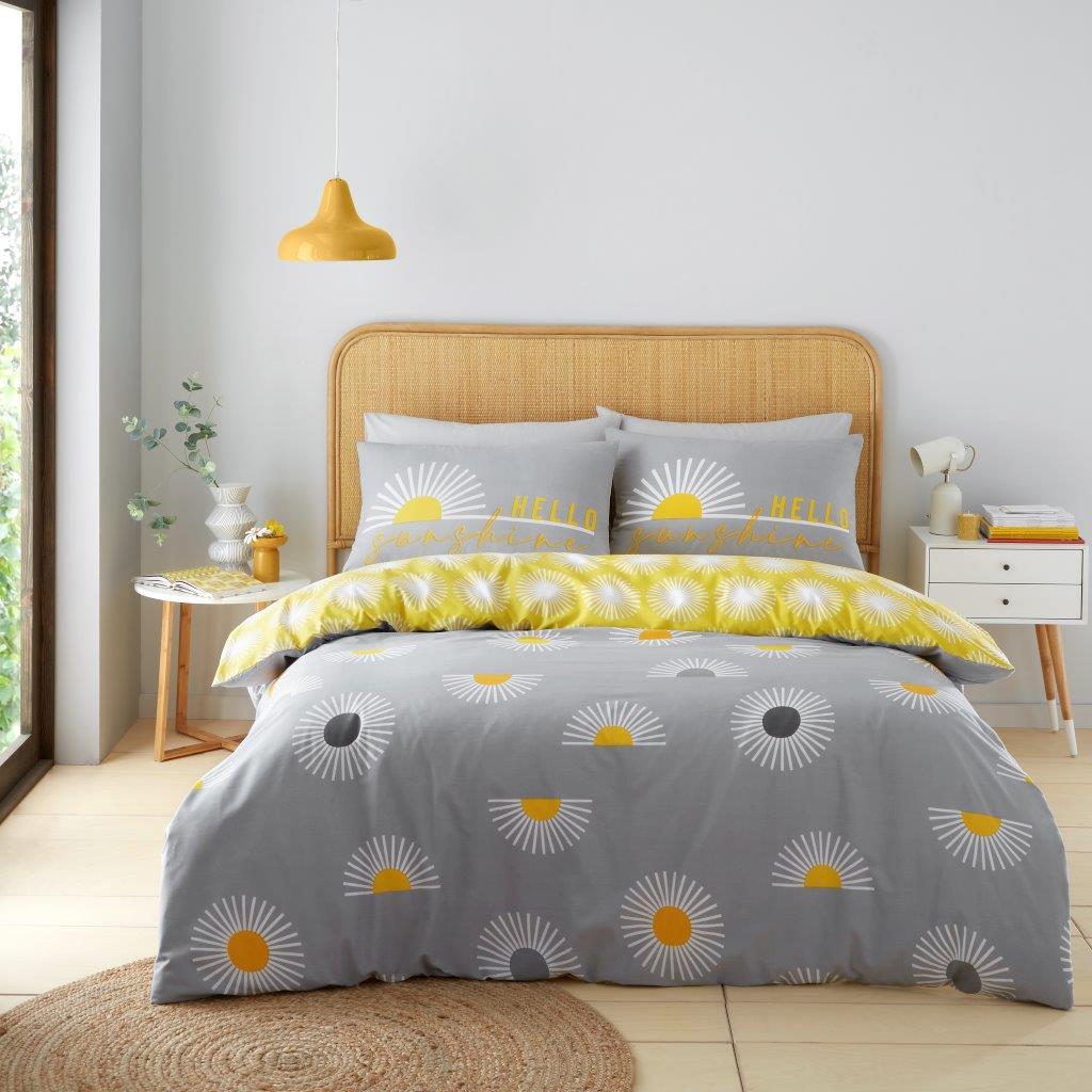Sun Burst Sunshine Duvet Quilt Cover & Pillow Case Bedding Set Grey Yellow
