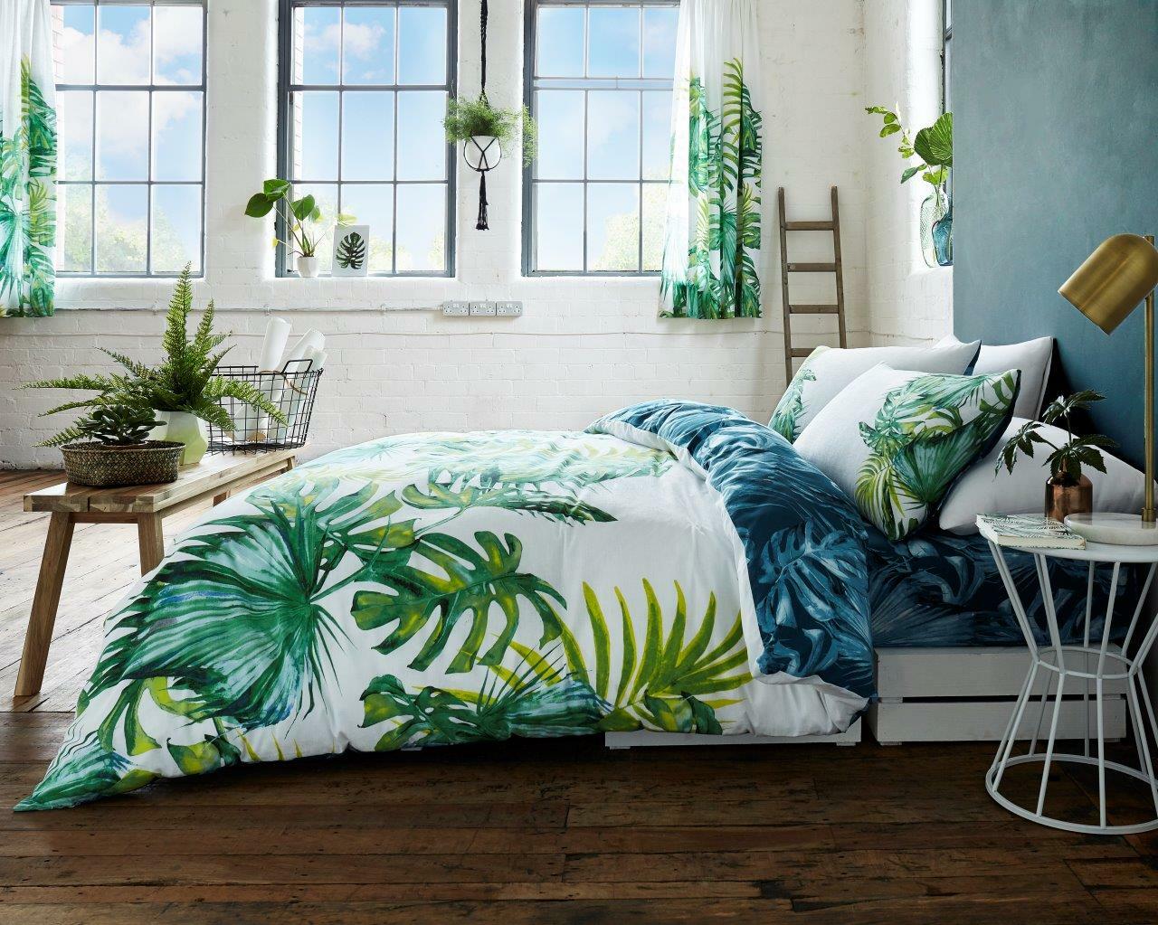 Duvet Cover Set Double King Leaf Bedding – Tropical Leaf Green with Pillowcases