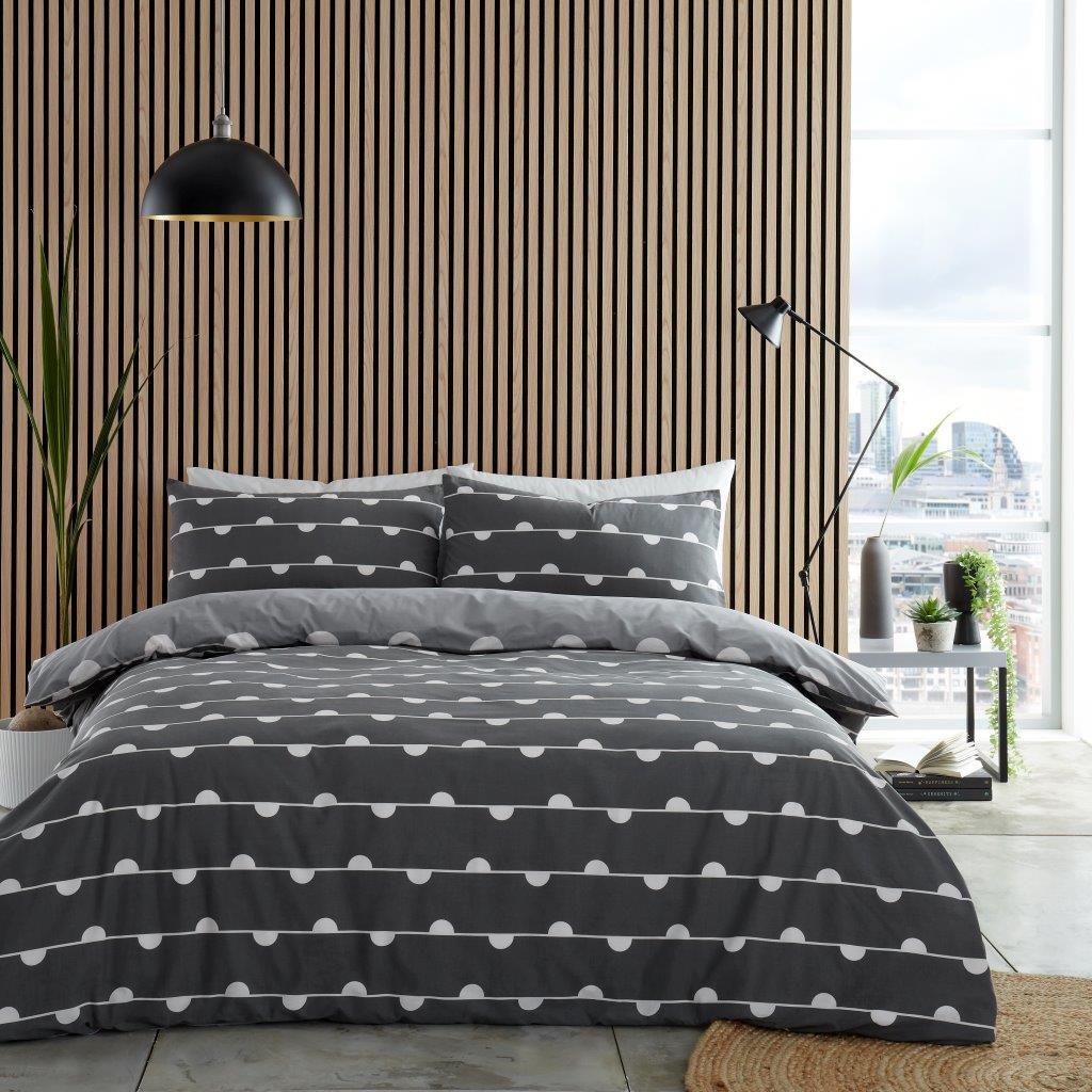 Simple Reversible Geo Duvet Quilt Cover & Pillow Case Bedding Set Grey