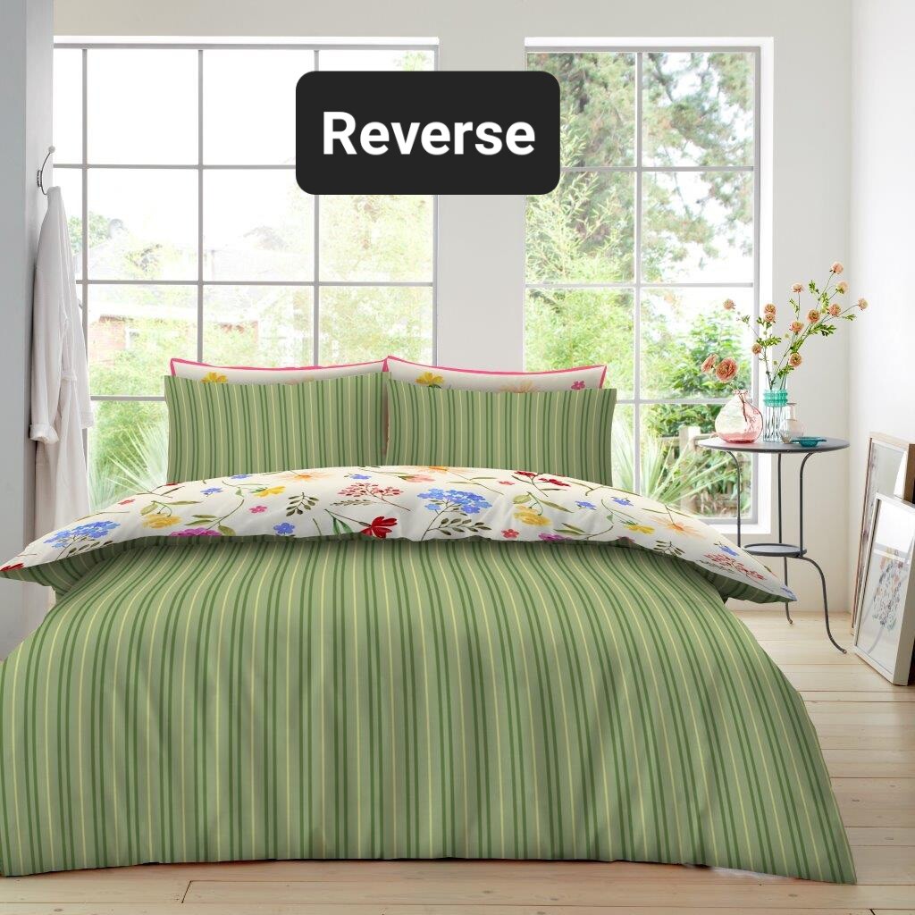 Delphie Floral Reversible Duvet Quilt Cover & Pillow Case Bedding Bed Set Green
