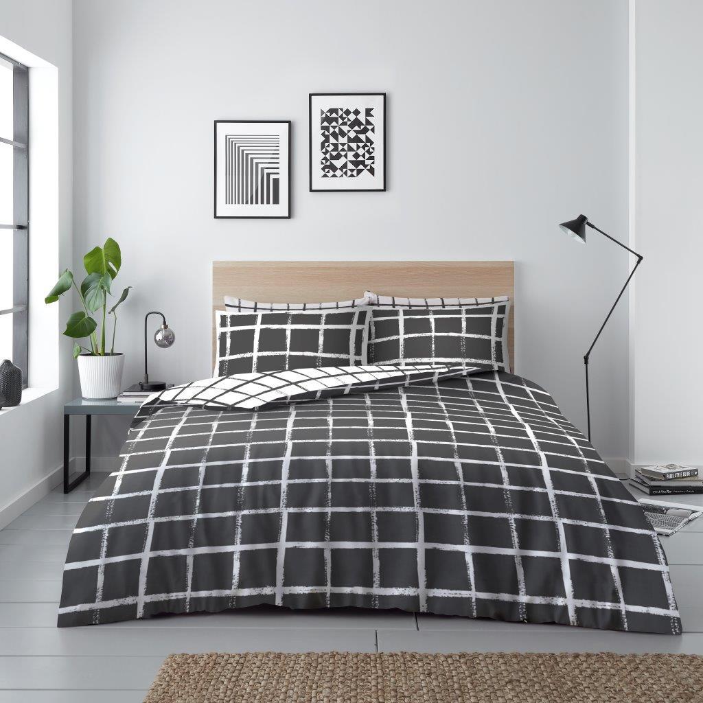 Blaine Check Reversible Duvet Quilt Cover & Pillow Case Bedding Bed Set Grey