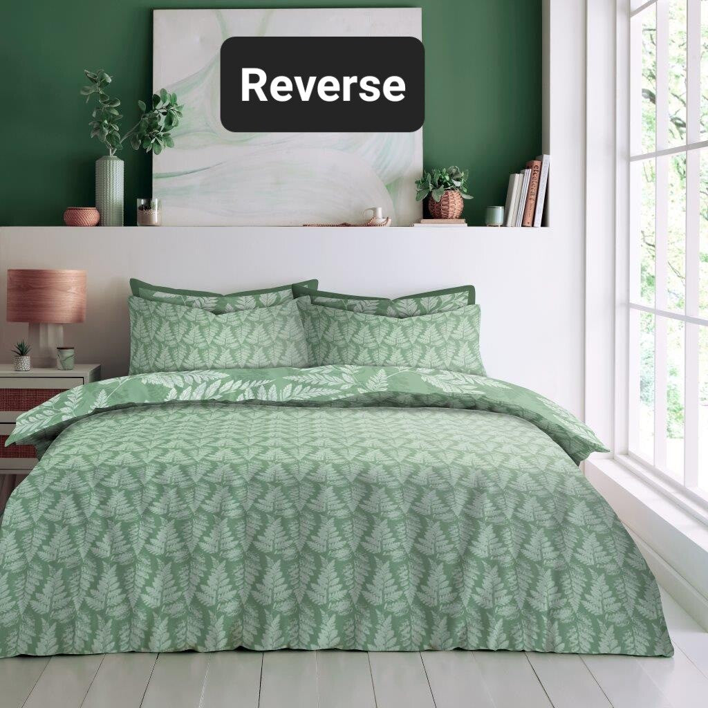 Fern Leaf Reversible Duvet Quilt Cover & Pillow Case Bedding Bed Set Green