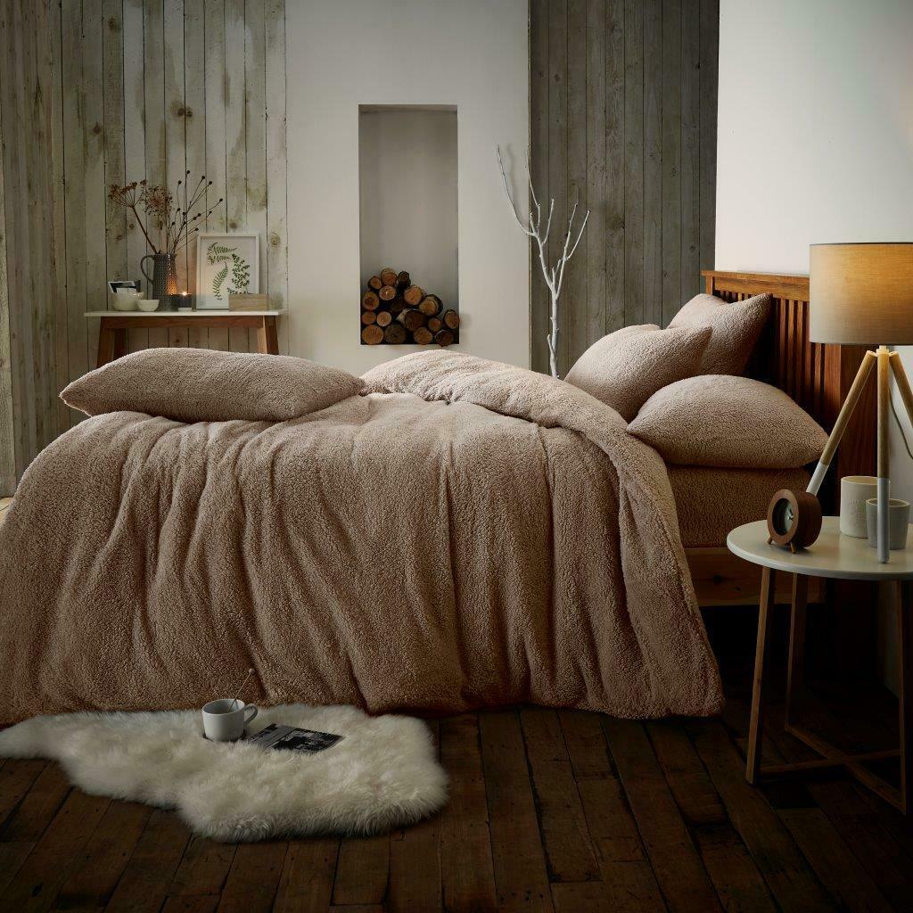 Teddy Bear Fleece Duvet Quilt Cover Bedding Set Plain Blue Beige Black Grey Pink