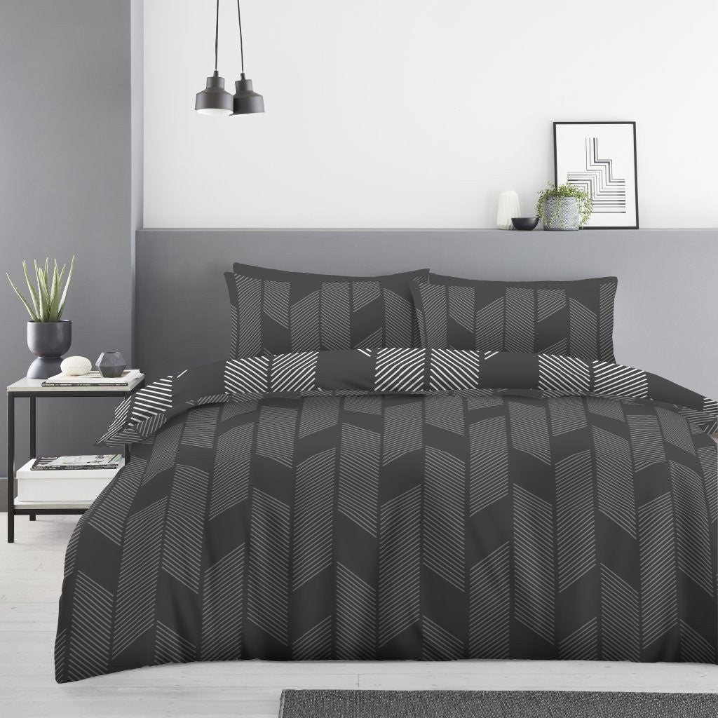 Richardson Geo Reversible Duvet Quilt Cover Pillow Case Bedding Bed Set Grey