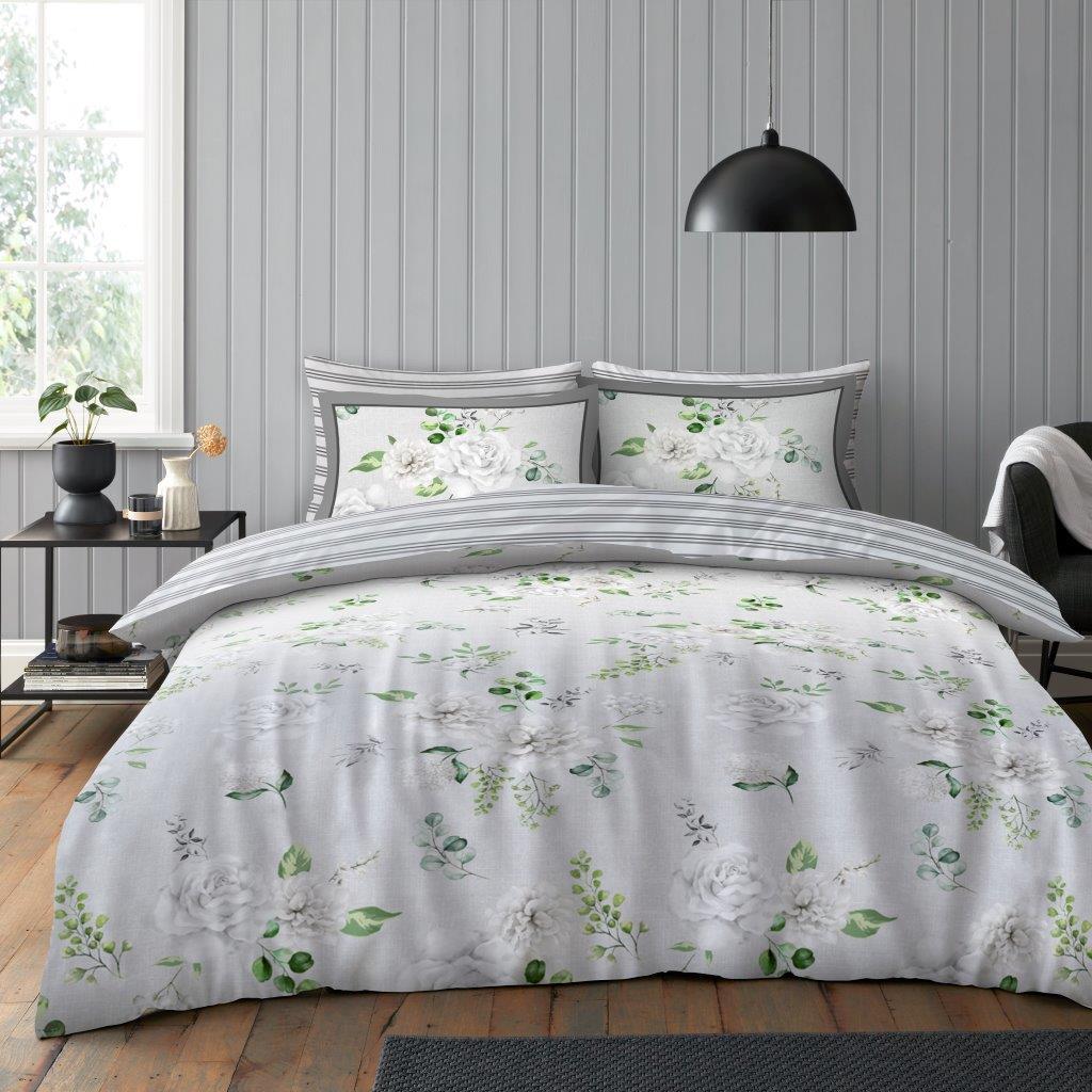 Evelina Floral Reversible Duvet Quilt Cover & Pillow Case Bedding Bed Set Grey