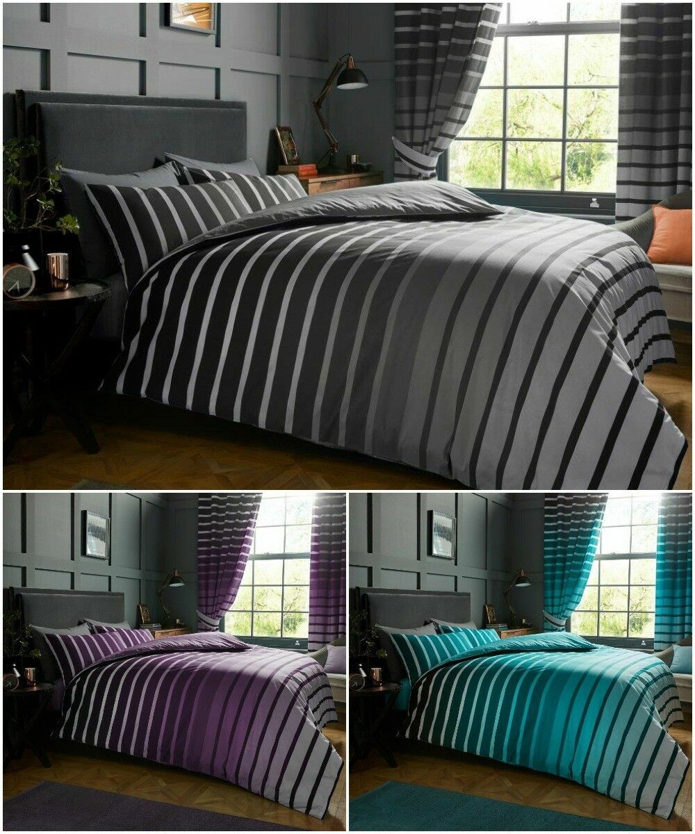 Oscar Stripe Duvet Quilt Cover & Pillow Case Bedding Set Grey Purple Teal