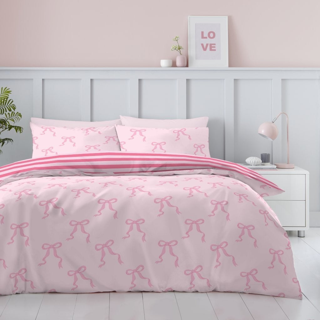 Bows Reversible Duvet Quilt Cover Pillow Case Bedding Bed Set Rose Pink