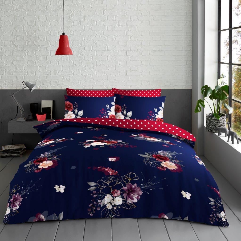 Eden Floral Flower Duvet Quilt Cover with Pillow Case Bedding Set Navy