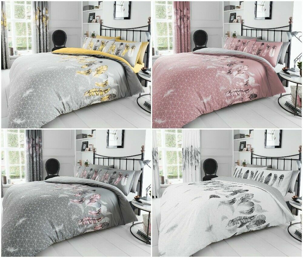 Feathers Duvet Quilt Cover & Pillow Case Bedding Set Grey Pink Yellow White