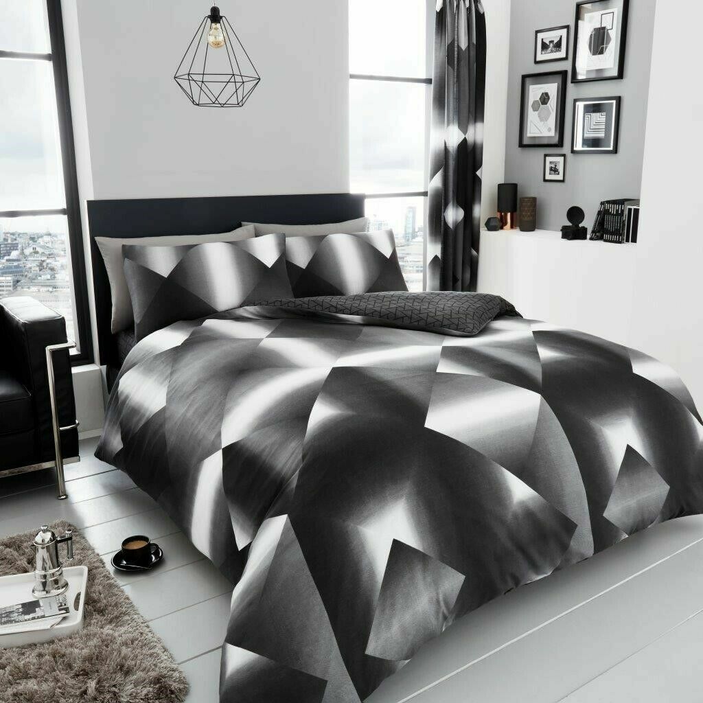 Duvet Cover Set 3D Triangle Bedding Bed Set Black Grey White