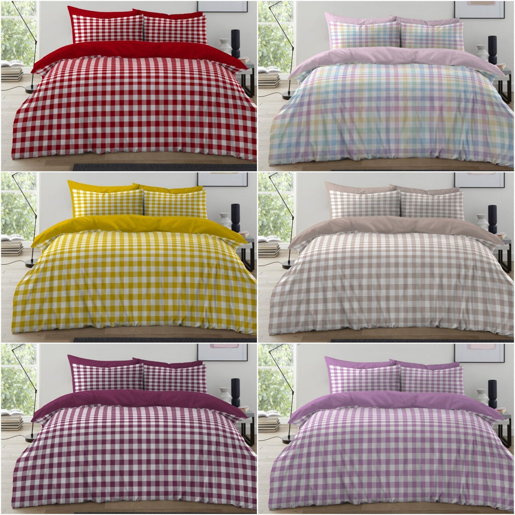 Gingham Check Duvet Cover with Pillowcases Reversible Quilt Bedding Set All Size