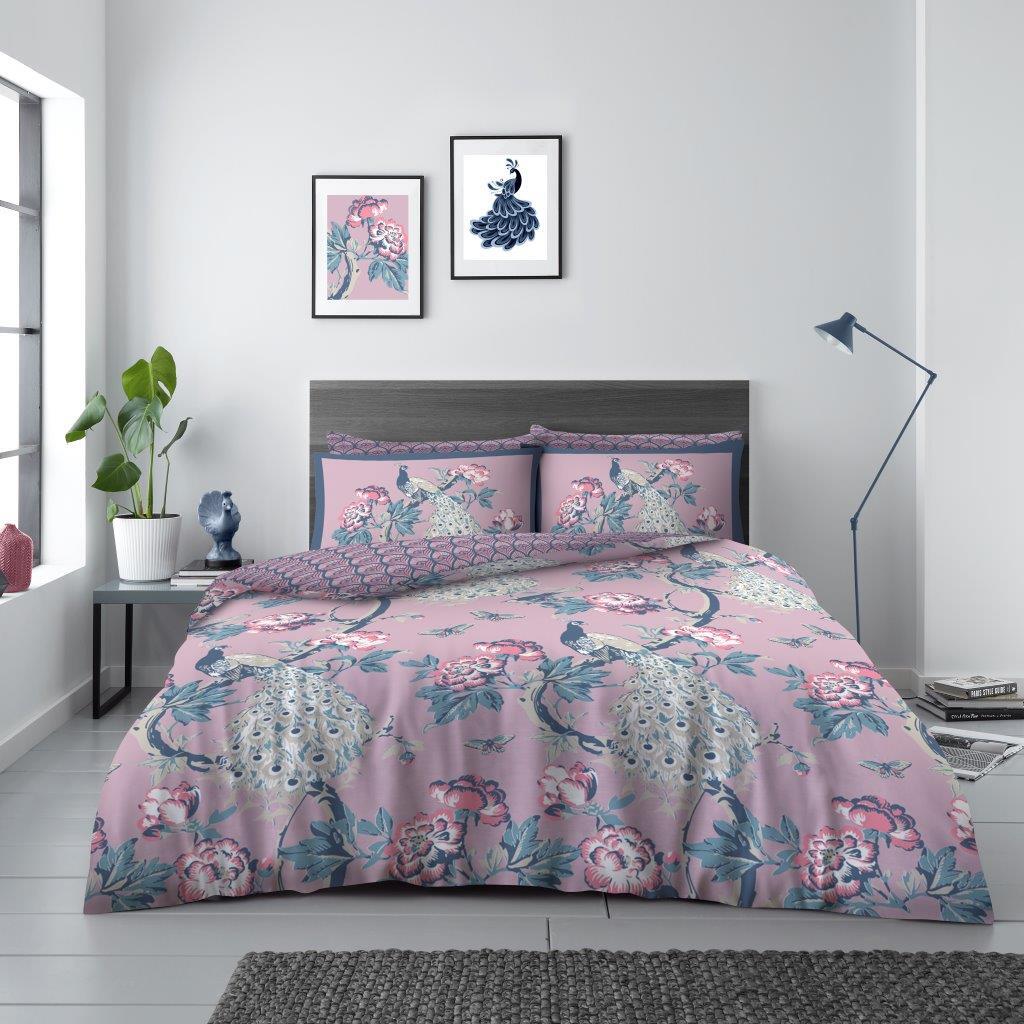 Alexia Bird Reversible Duvet Quilt Cover & Pillow Case Bedding Bed Set Pink