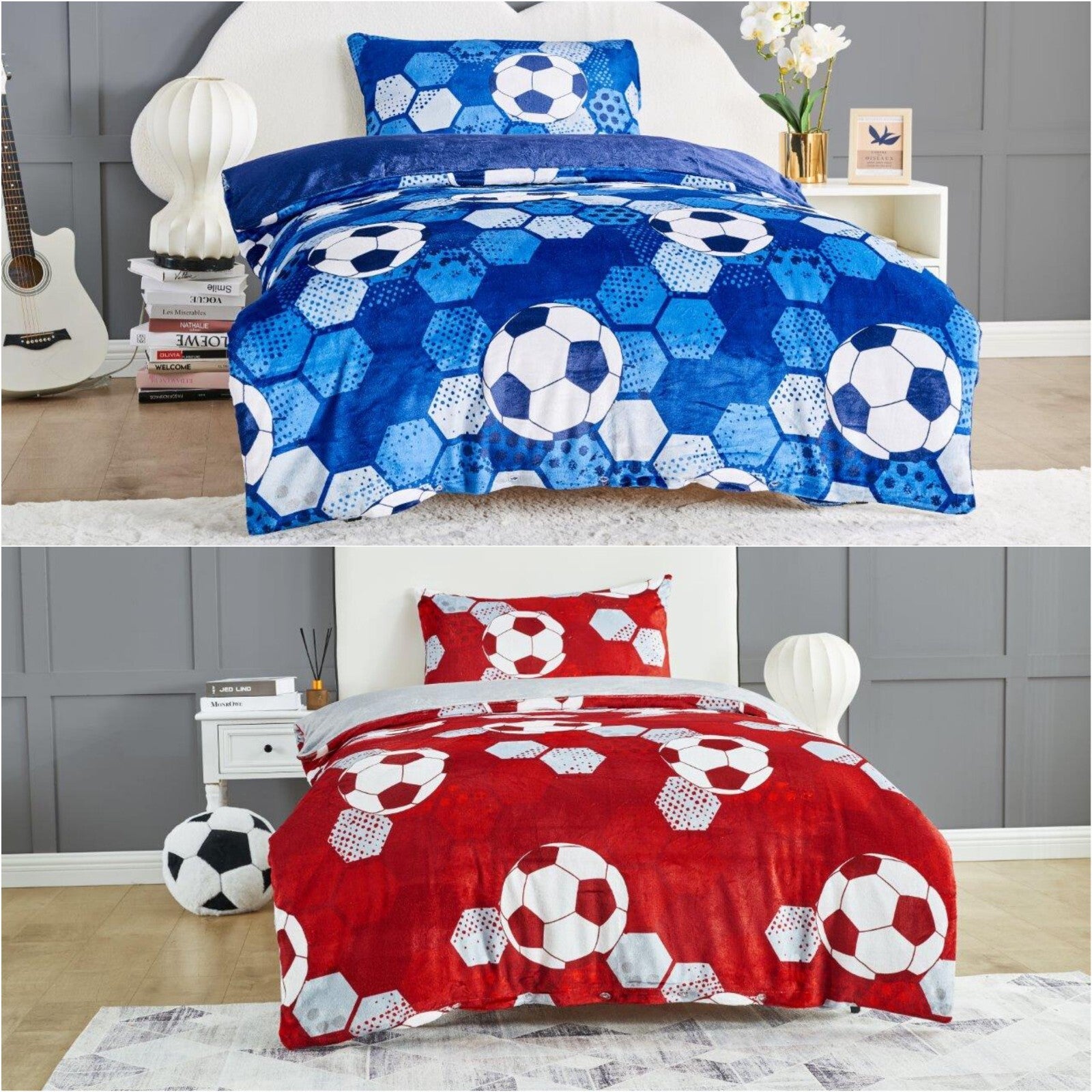 Teddy Fleece Football Kids Boys Duvet Quilt Cover Bedding Bed Set Red Blue