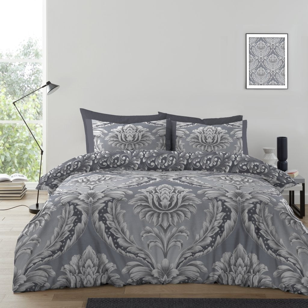 Maria Damask Reversible Duvet Quilt Cover Pillow Case Bedding Bed Set Grey