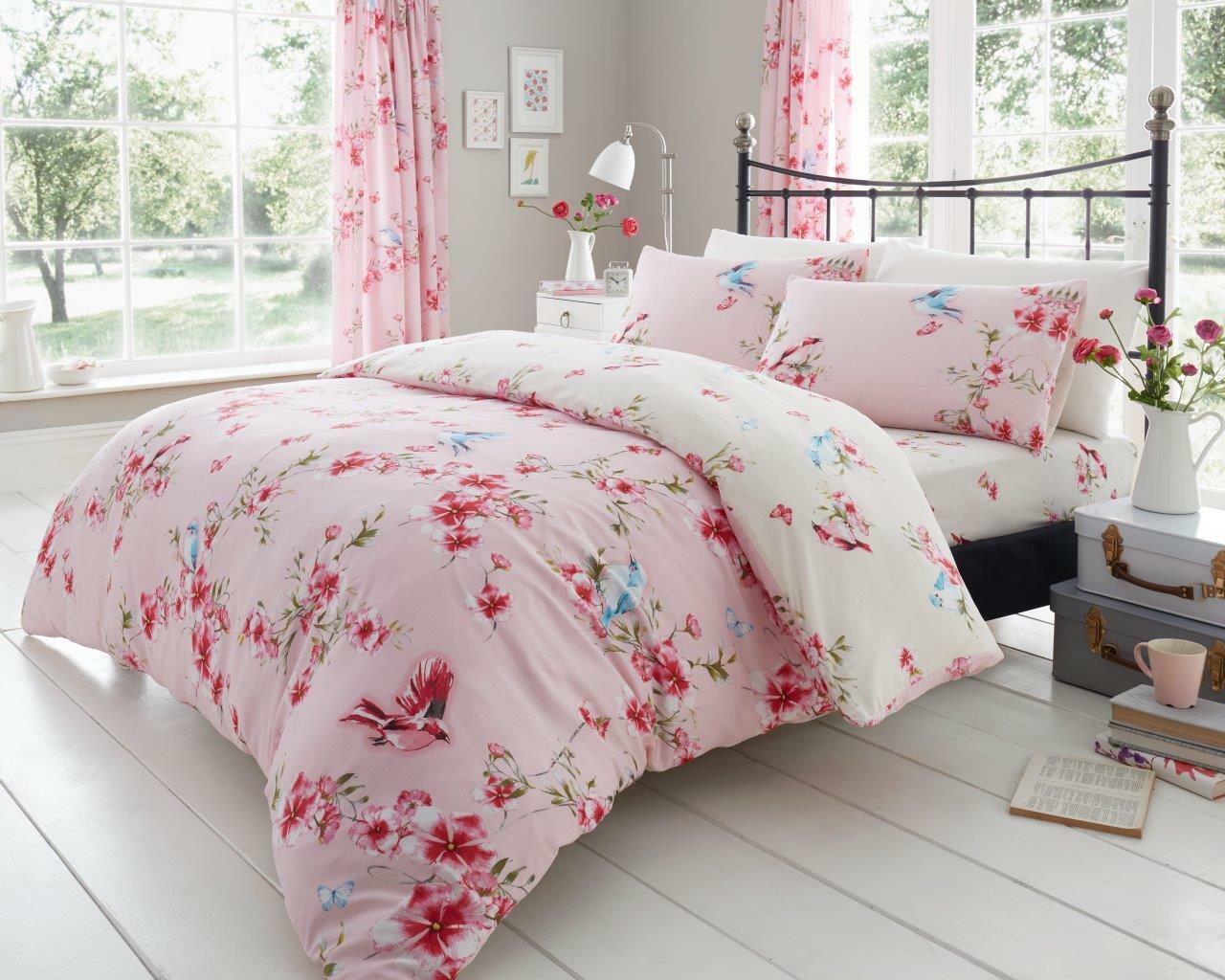 Birdie Blossom Bird Floral Floral Duvet Quilt Cover & Pillow Case Bedding Set