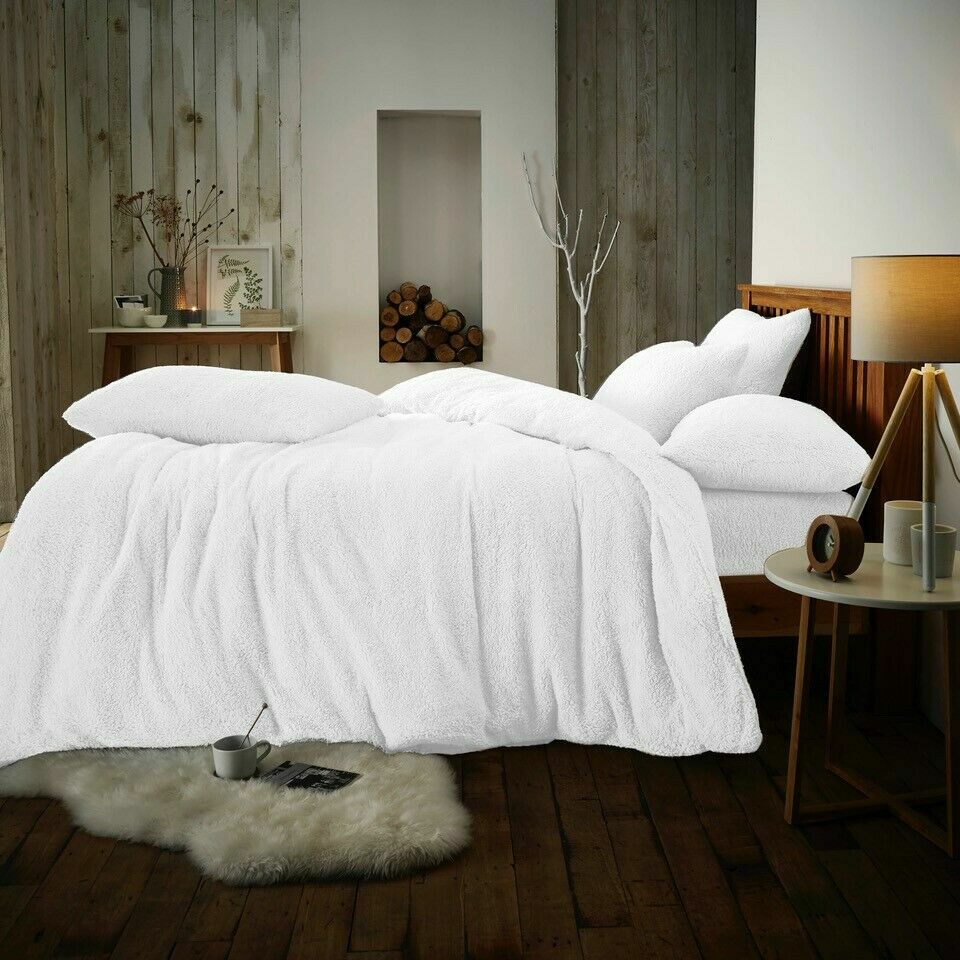 Teddy Bear Fleece Duvet Quilt Cover Bedding Set Plain Blue Beige Black Grey Pink