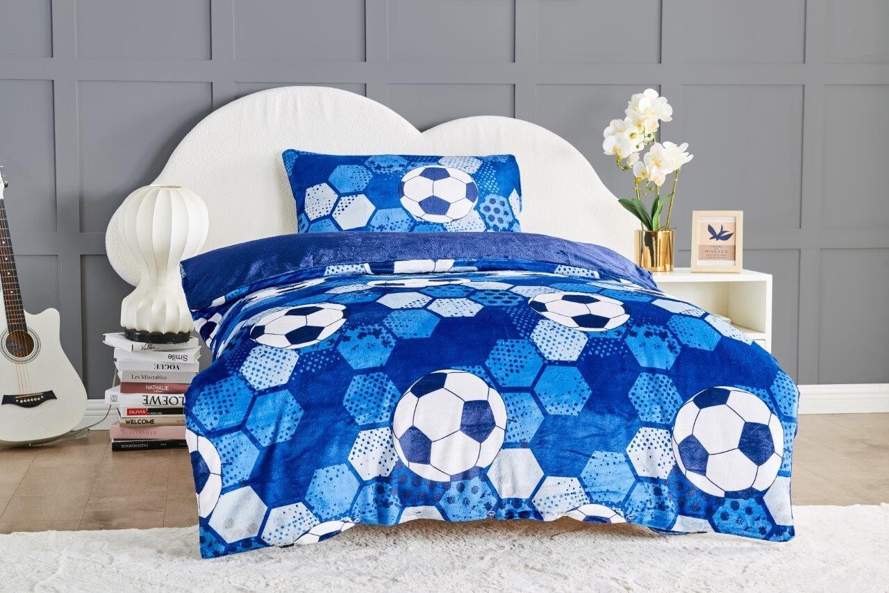 Teddy Fleece Football Kids Boys Duvet Quilt Cover Bedding Bed Set Red Blue