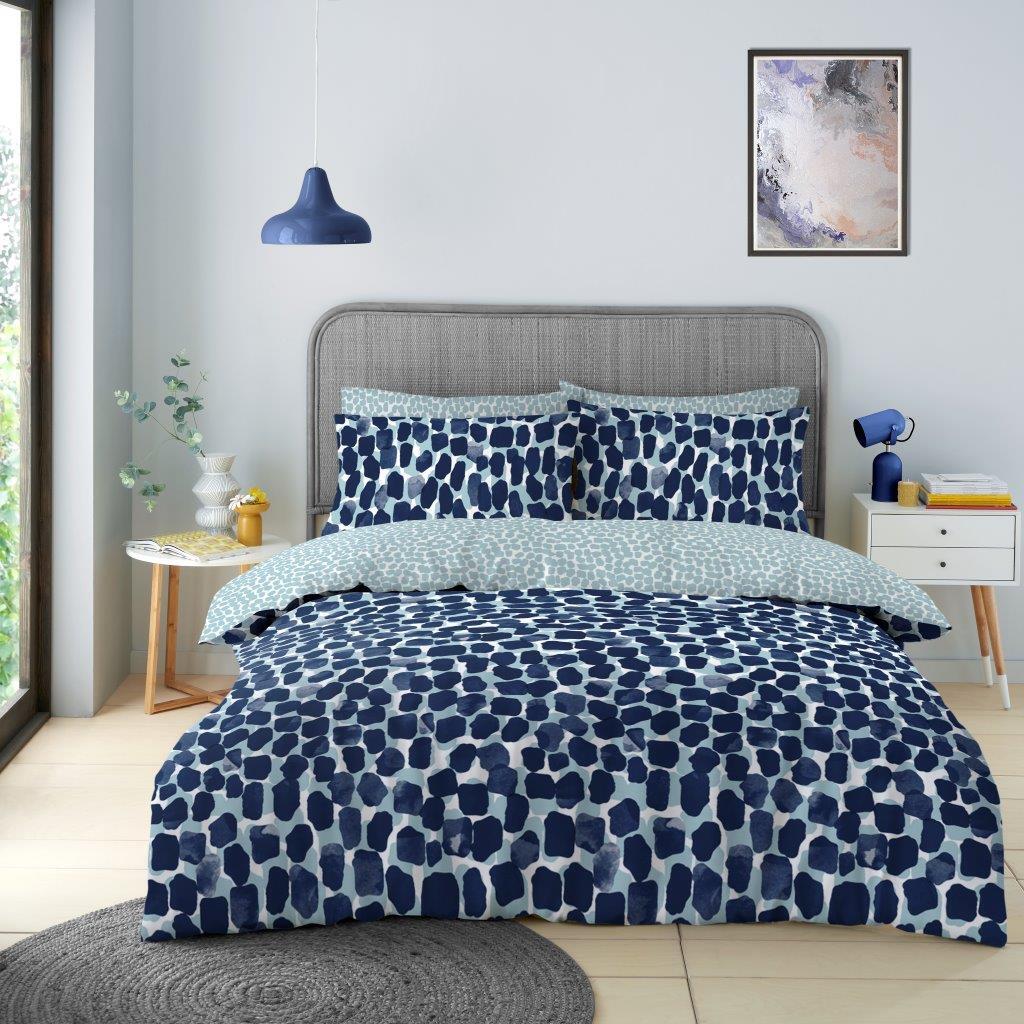 Norah Spots Reversible Duvet Quilt Cover & Pillow Case Bedding Bed Set Blue