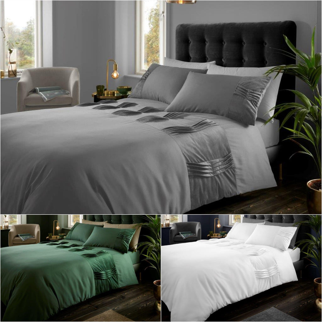Revie Velvet Duvet Quilt Cover & Pillow Case Bedding Set Grey Dark Green White