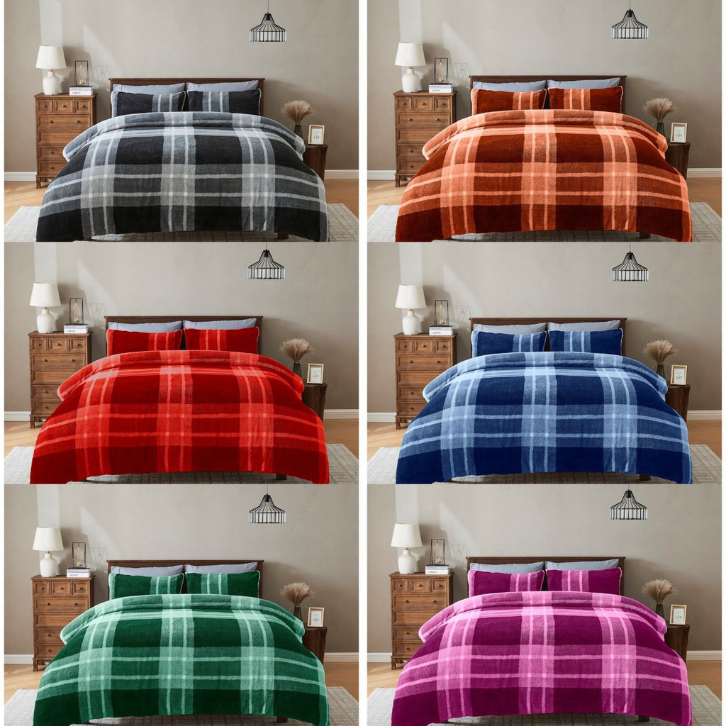 Reversible Teddy Bear Fleece Check Duvet Cover Thermal Warm Quilt Bedding Set