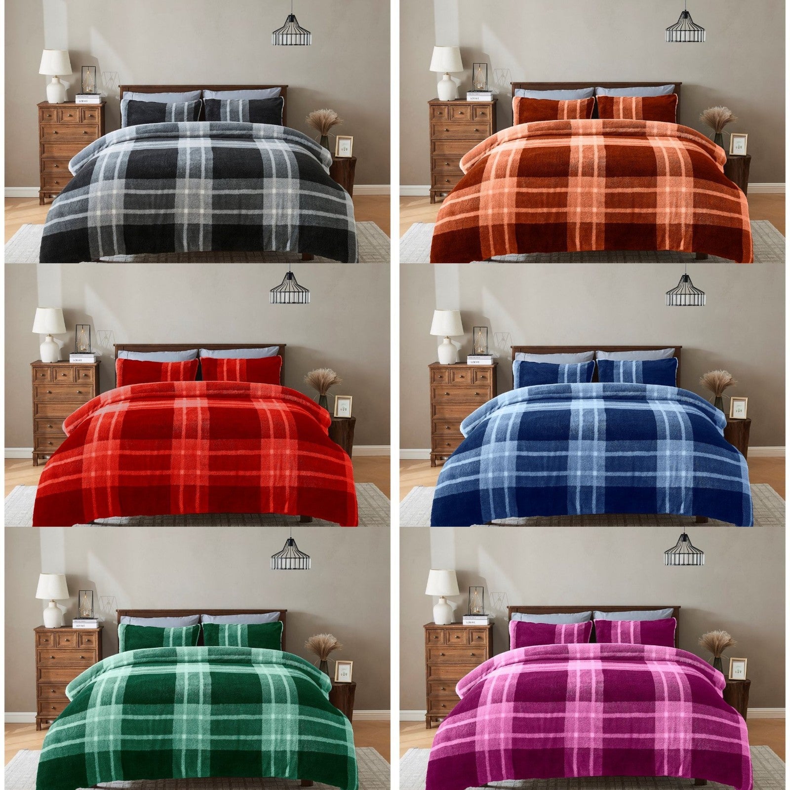 Reversible Teddy Bear Fleece Check Duvet Cover Thermal Warm Quilt Bedding Set