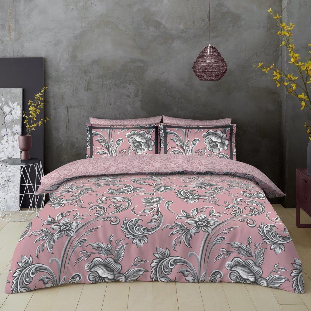 Imogen Floral Reversible Duvet Quilt Cover & Pillow Case Bedding Bed Set Pink