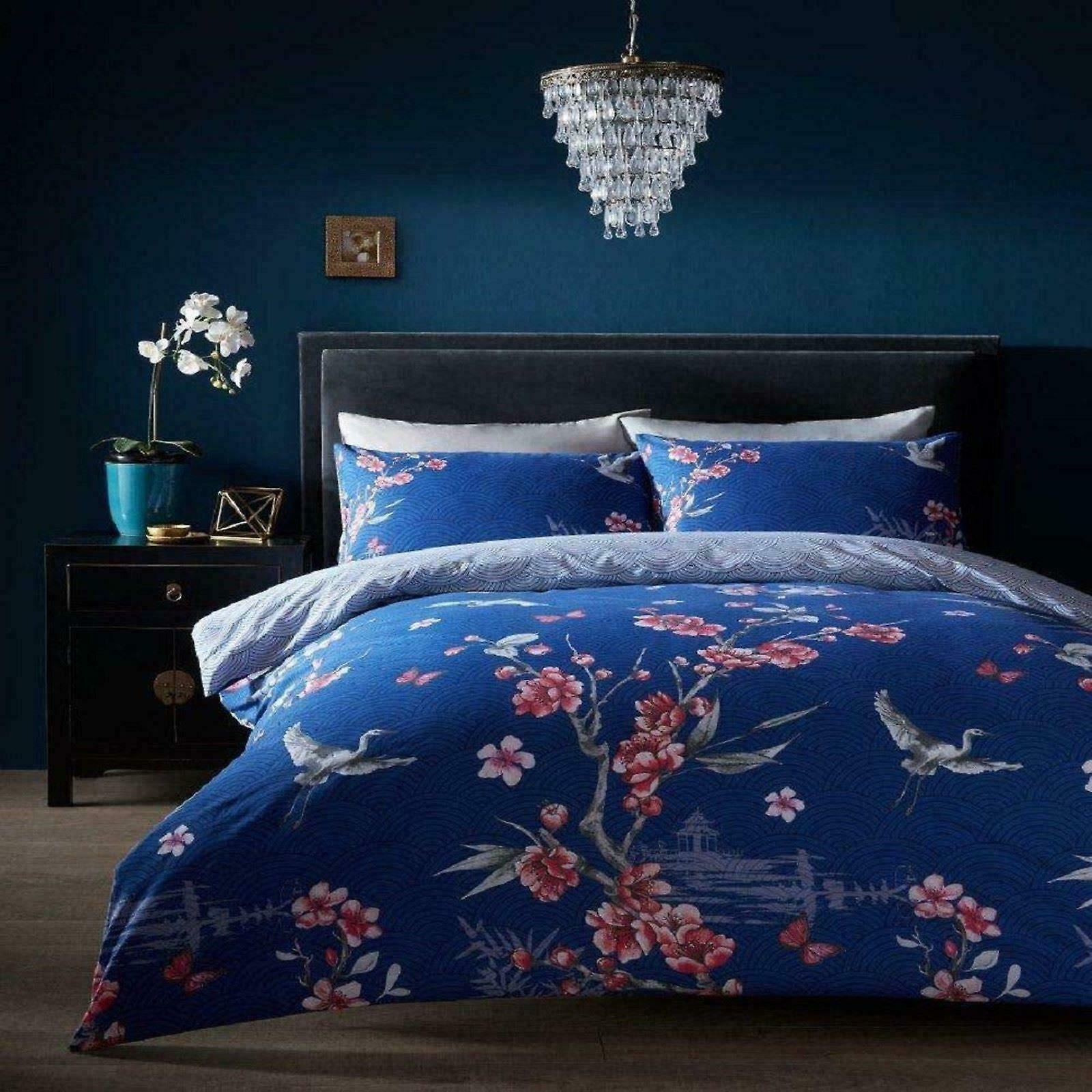Akari Blue Floral Duvet Quilt Cover & Pillow Case Bedding Set