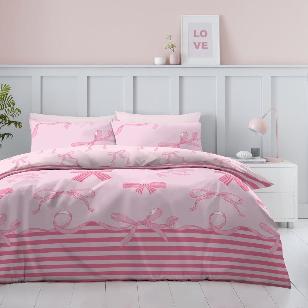 Bows Reversible Duvet Quilt Cover Pillow Case Bedding Bed Set Rose Pink
