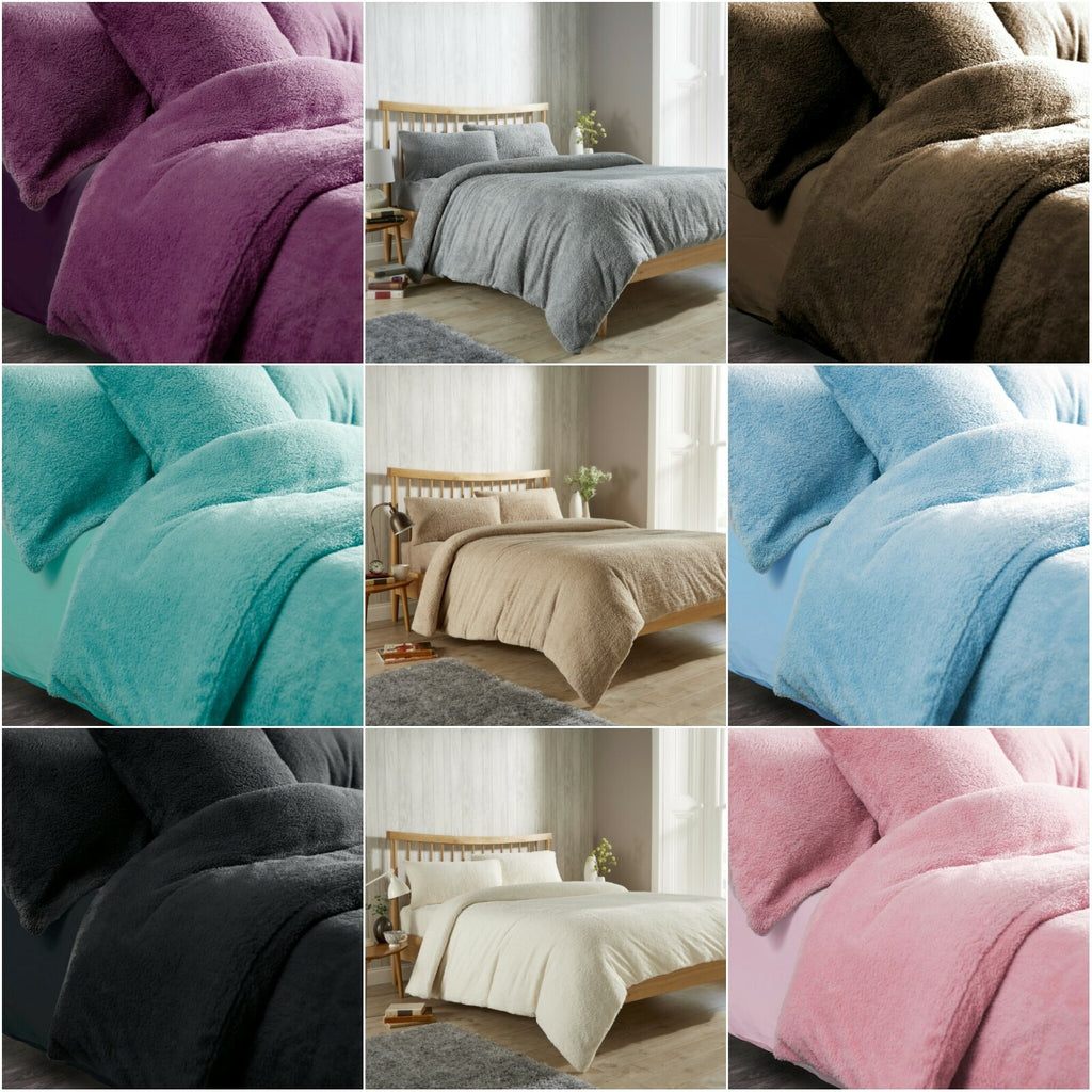 Teddy Bear Fleece Duvet Quilt Cover Bedding Set Plain Blue Beige Black Grey Pink