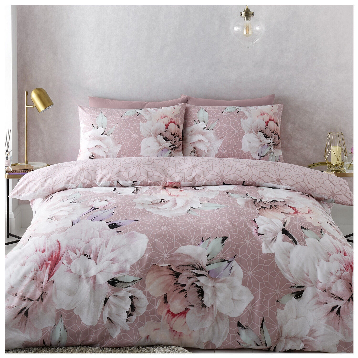 Ariana Flower Floral Duvet Quilt Cover & Pillow Case Bedding Set Blush Pink