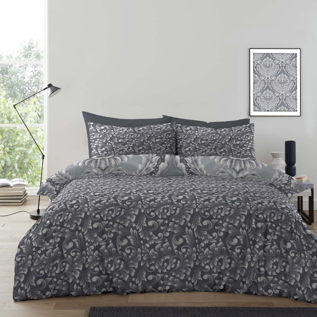 Maria Damask Reversible Duvet Quilt Cover Pillow Case Bedding Bed Set Grey