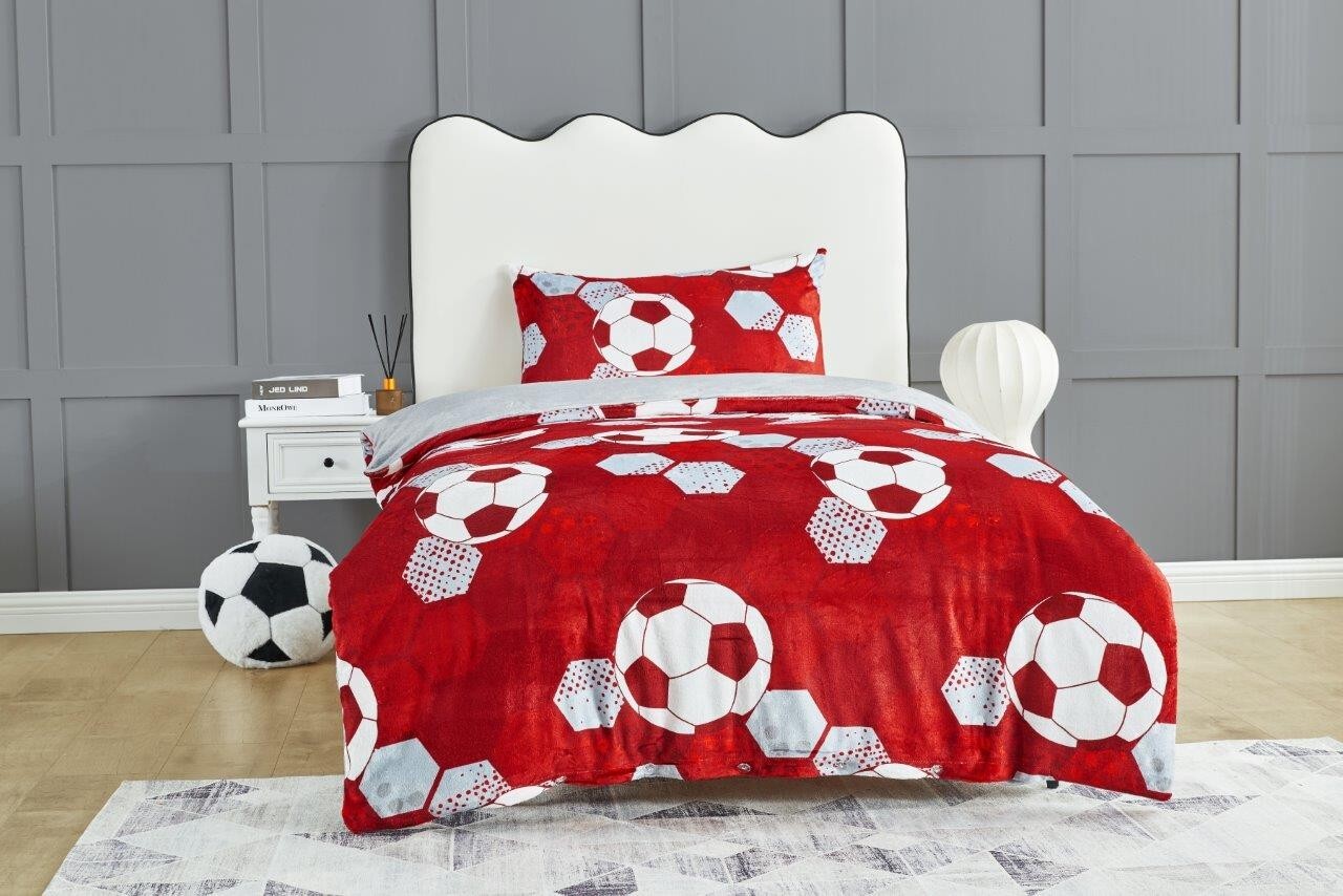 Teddy Fleece Football Kids Boys Duvet Quilt Cover Bedding Bed Set Red Blue