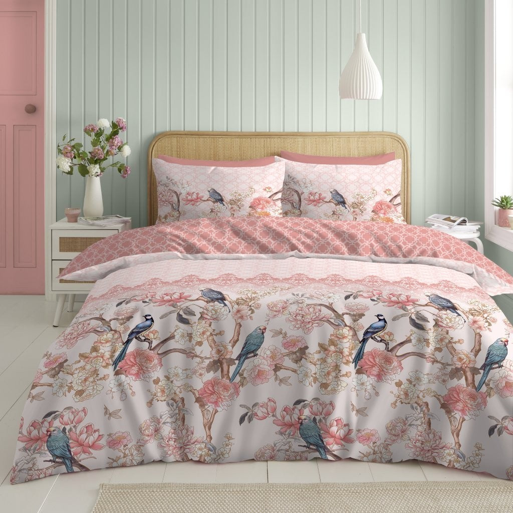 Oriental Floral Reversible Duvet Quilt Cover Pillow Case Bedding Bed Set Pink