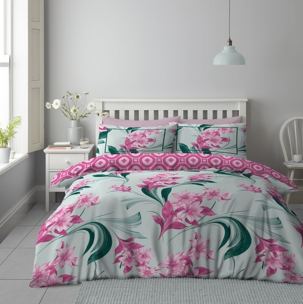 Iggy Floral Reversible Duvet Quilt Cover Pillow Case Bedding Bed Set Pink