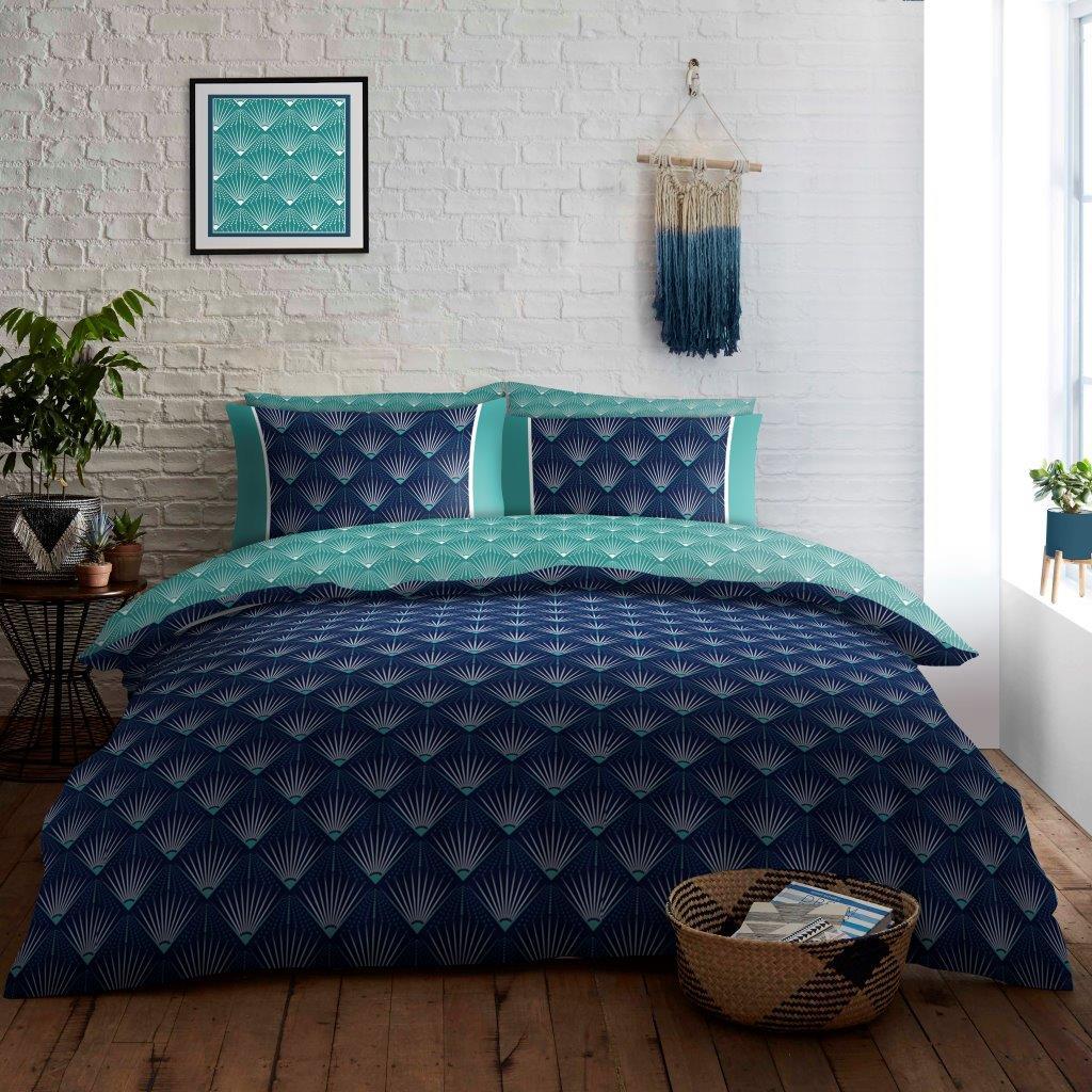 Kaya Reversible Duvet Quilt Cover & Pillow Case Bedding Bed Set Blue