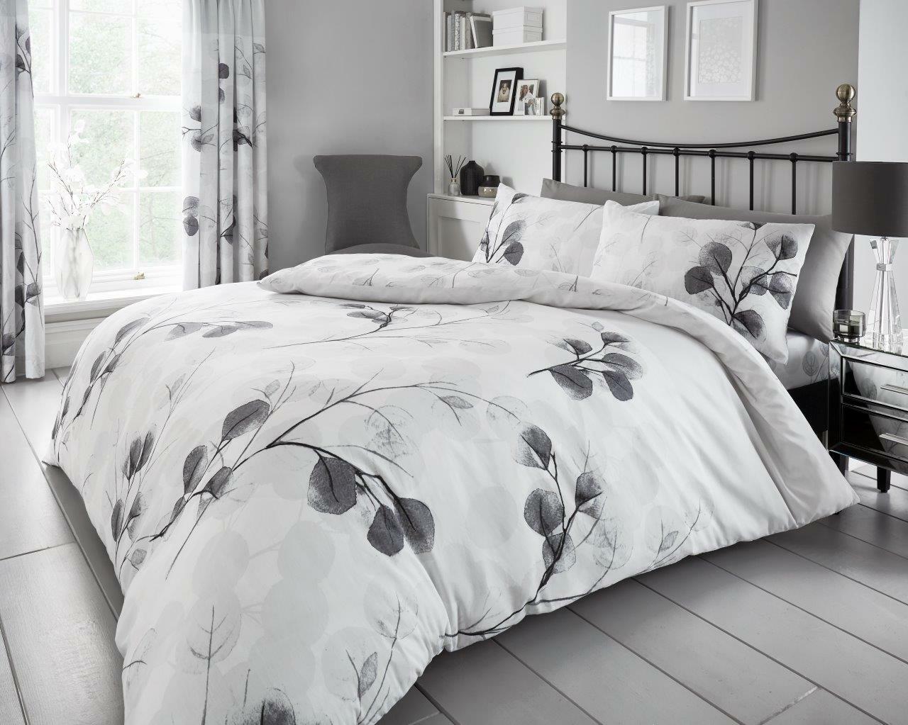 Honesty Leaf Duvet Quilt Cover & Pillow Case Bedding Set Grey