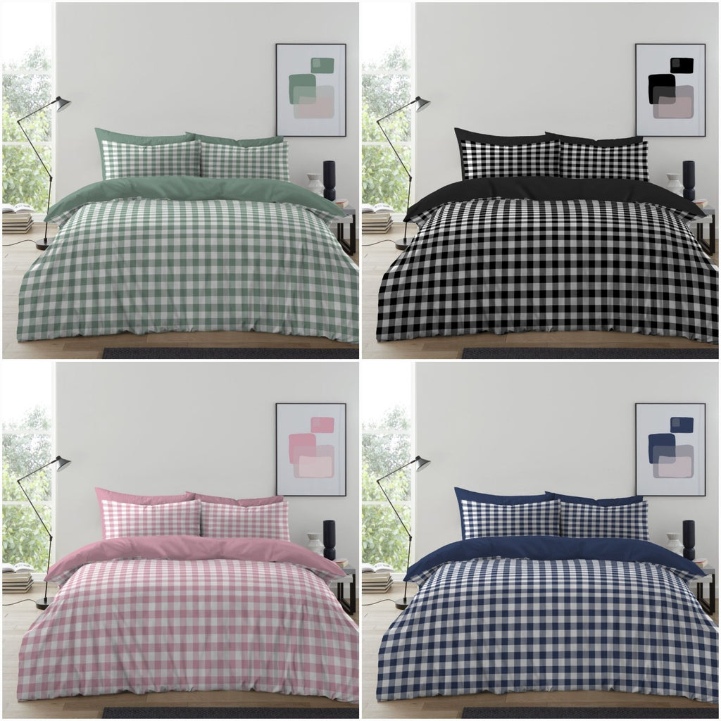Gingham Check Duvet Cover with Pillowcases Reversible Quilt Bedding Set All Size